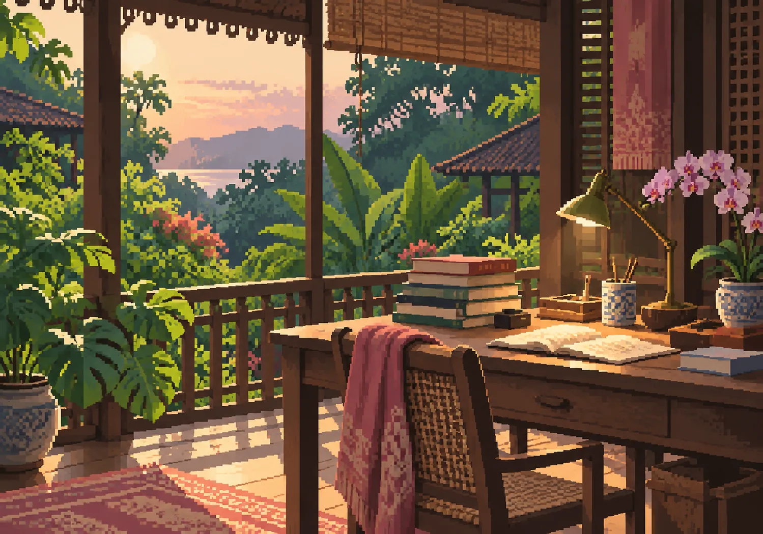 Pixel-art books, printing tools and orchids on a reading verandah at dusk.